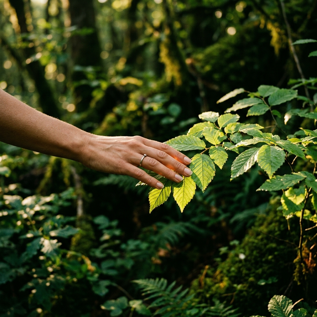 Hand touching sunlit green leaves
